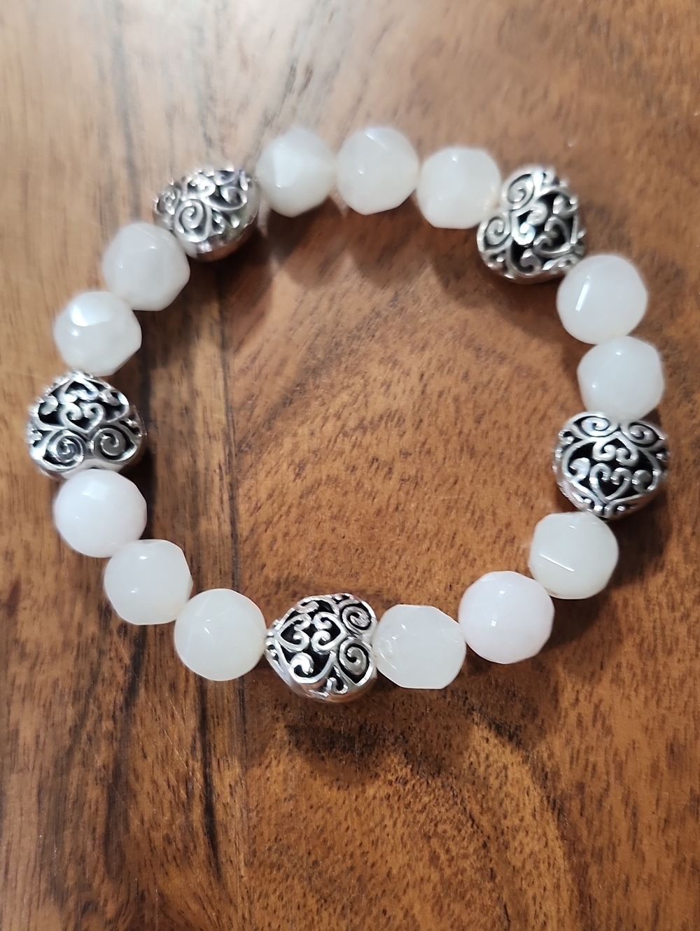 Handmade Rose Quartz Beaded Bracelet with Silver Heart Accent Beads